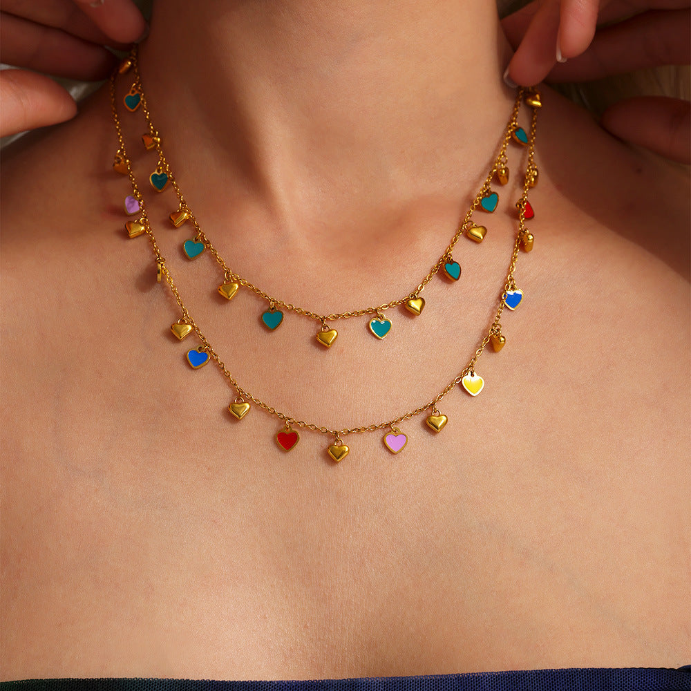 Wholesale Colorful oil dripping love pendant accessories clavicle chain bracelet stainless steel set